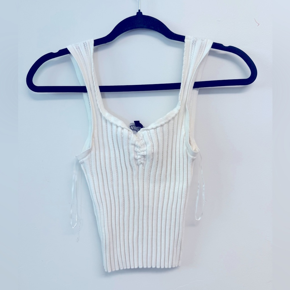 Angie White and Blue Ribbed Tie Front Tank Top